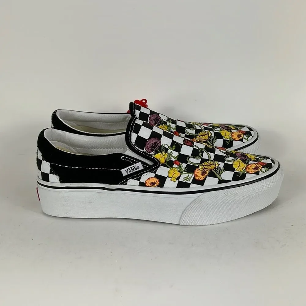Vans black white floral multi classic slip on platform sneakers women’s 8